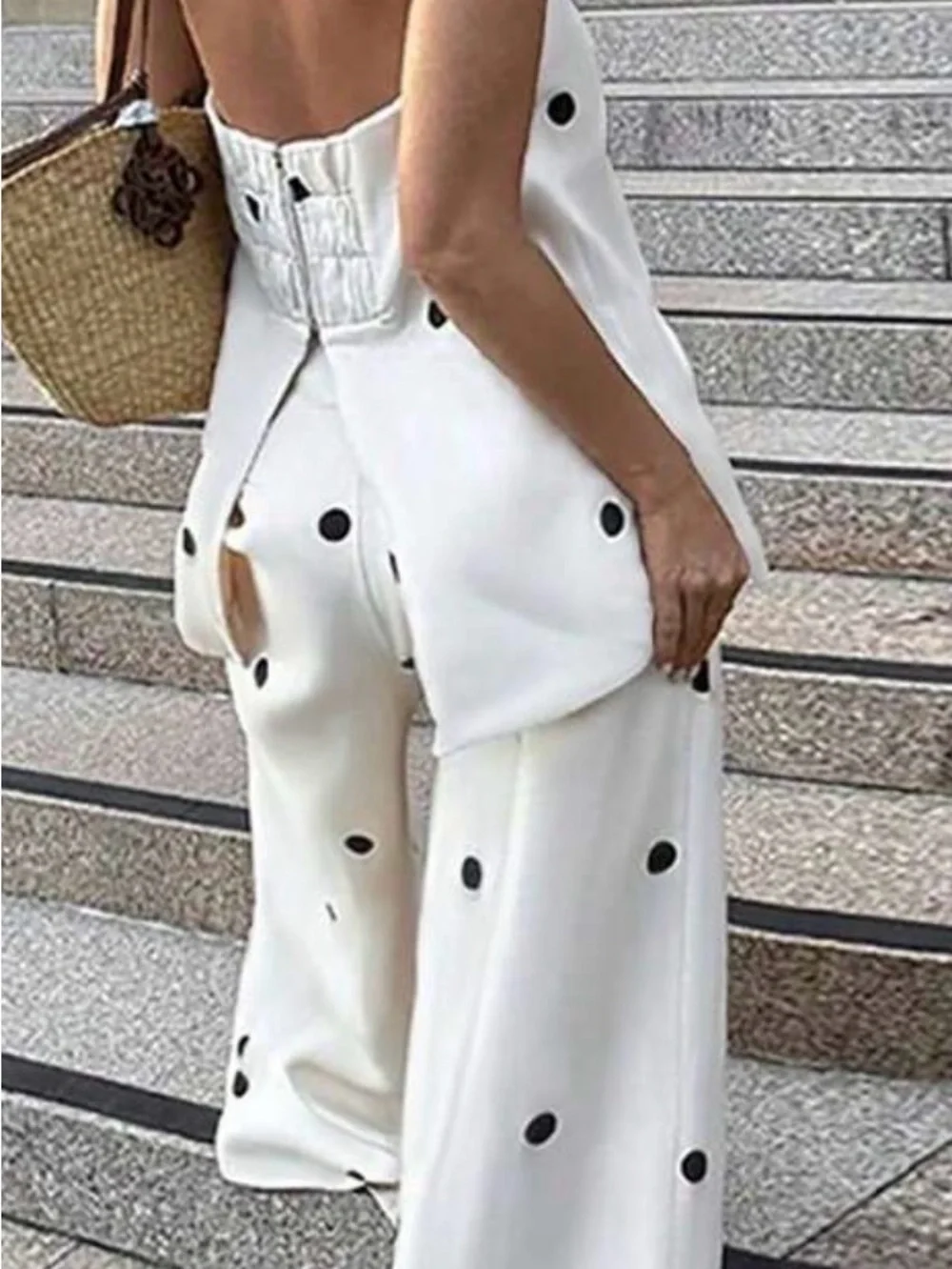 Polka Dot White Strapless 2 piece pant set